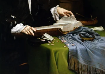 Porträt eines Gentlemans in seinem Arbeitszimmer, 1528-30 (Detail) (nach der Restaurierung)